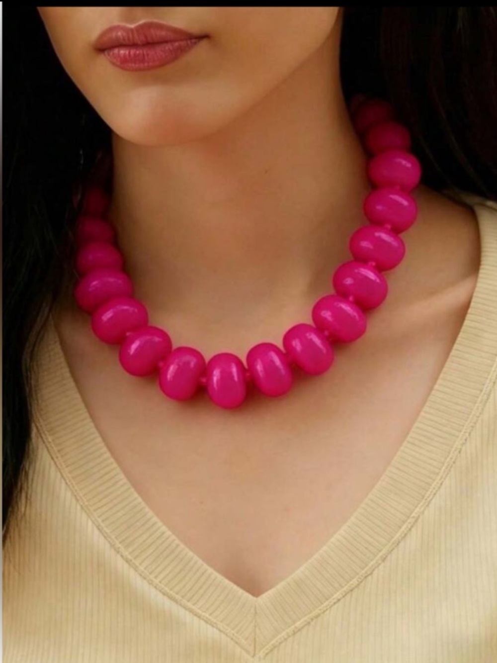 New! Hot Pink Statement Beaded Chunky Resin Disk Joan Necklace